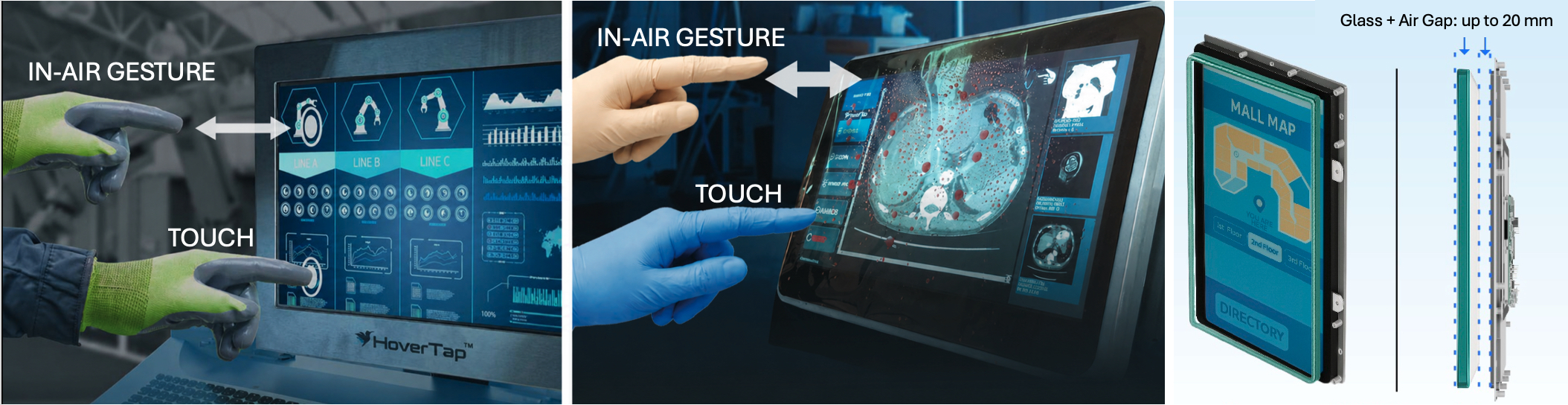 HoverTap in industrial and clinical use, and a cross-section showing sensing through glass plus air gap